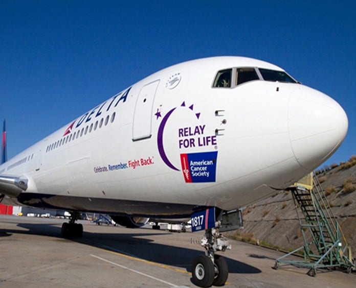 Delta Airplane with Relay For Life logo on the side of the plane
