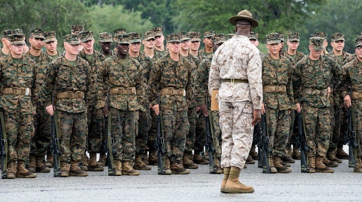 Recruits undergo basic training at Marine Corps Recruit Depot Parris Island in South Carolina