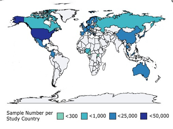 world map with different shades of blue key says sample number per study country