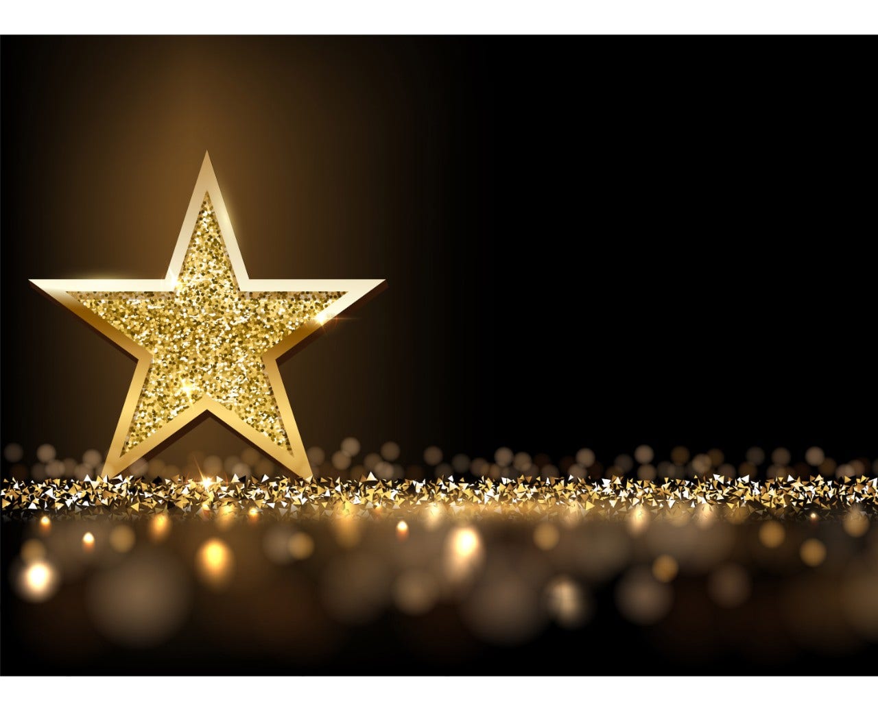 Golden sparkling star isolated on dark luxury horizontal background. Vector design element