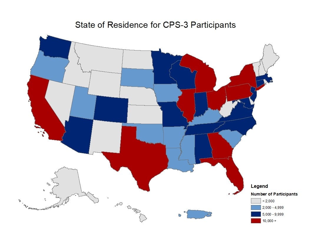 map of US to show number of CPS-3 participants from each state; colors are light and dark blue, red, and gray