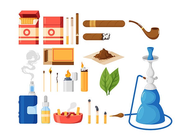 Set of Tobacco or Nicotine Products and Smoking Items. Cigarette Package, Ashtray, Cigar, Hookah And Tobacco Leaves. Vape, Matches, Lighter and Pipe Isolated On White Background Cartoon Vector Icons