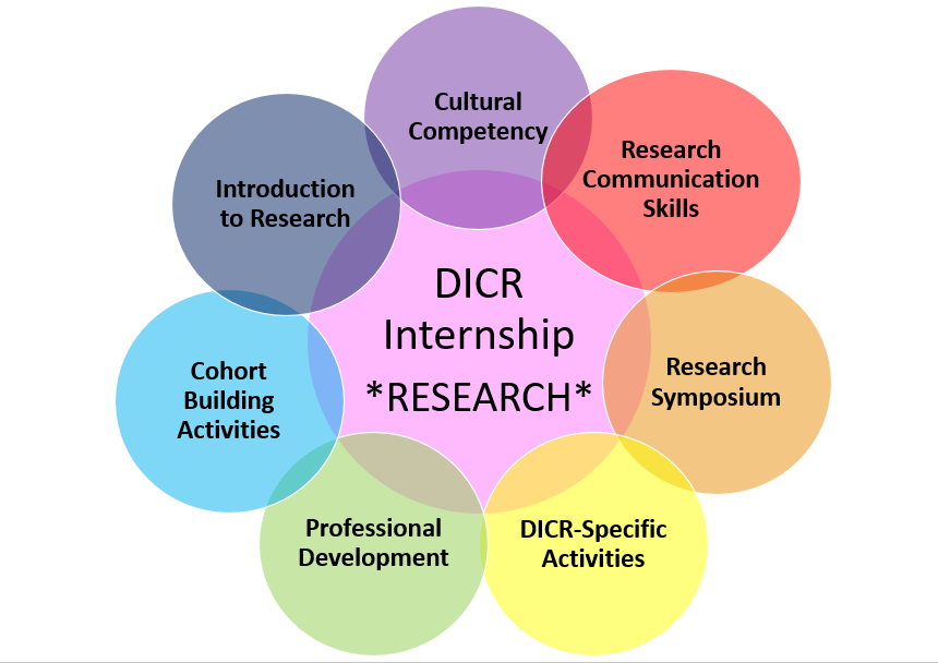 Center circle says DICR Internship Research, smaller circles overlap the periphery: cultural competency, research communication skills, Research Symposium, DICR-Specific Activities, Professional Development, Cohort Building Activities, Introduction to research