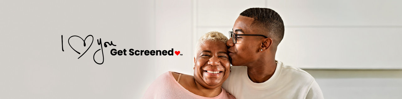 A woman and man in an embrace with handwritten text that says I heart you, get screened