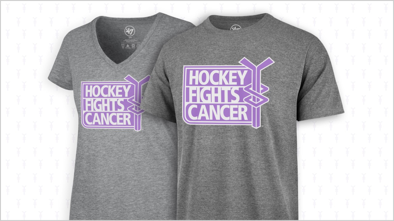 two gray shirts with the Hockey Fights Cancer logo