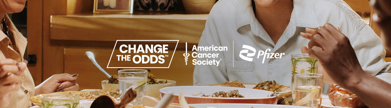 People dining with logos for Change the Odds, American Cancer Society, and Pfizer.