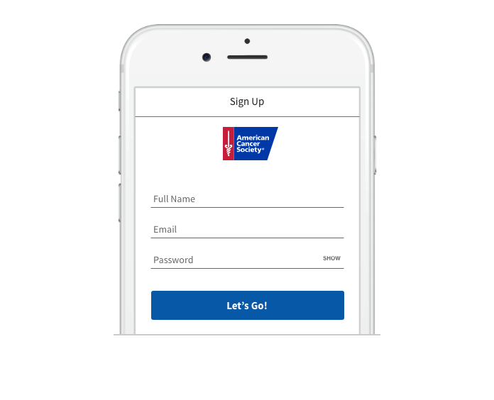 image of phone screen with American Cancer Society logo and first name, email, and password form fields.