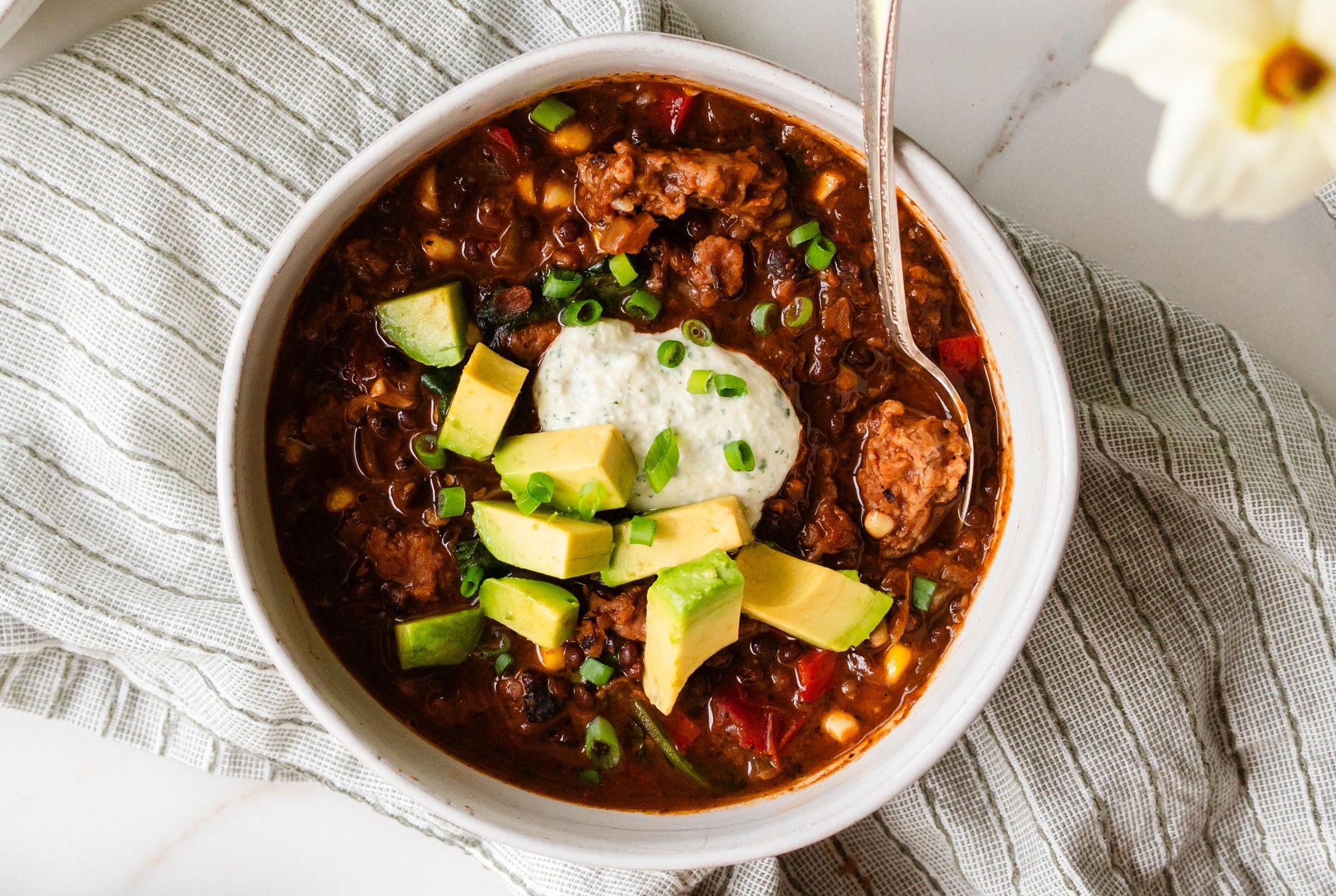 Bowls of plant-based beef lentil chili