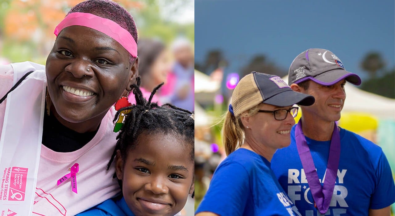 black woman and child and white woman and man wearing American Cancer Society apparel