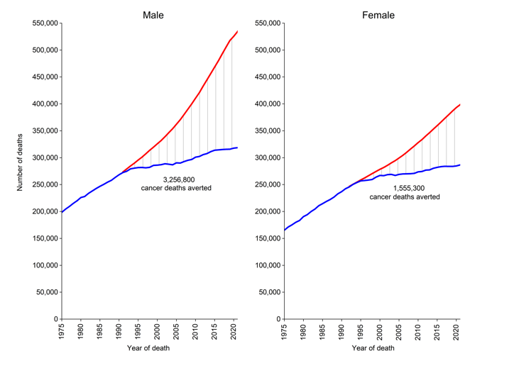 2 graphs side by side, Male and Female, 3,256,000 for men and 1,555,300 for women year of death  on x-axis and number of deaths y axis