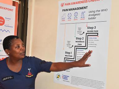 A healthcare worker points to a wall poster explaining pain management steps.