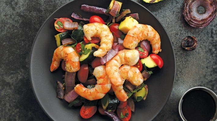 image of Grilled Shrimp & Veggies with Balsamic Reduction recipe from the ACS cookbook, "Quick and Healthy: 50 Simple Delicious Recipes for Every Day"