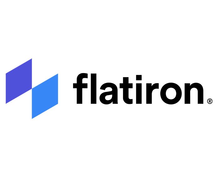 Flatiron logo with blue geometric icon and black text.
