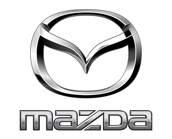 Mazda logo with silver emblem and metallic text.