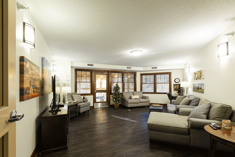 Living room with sofas, TV, windows, and small Christmas tree.