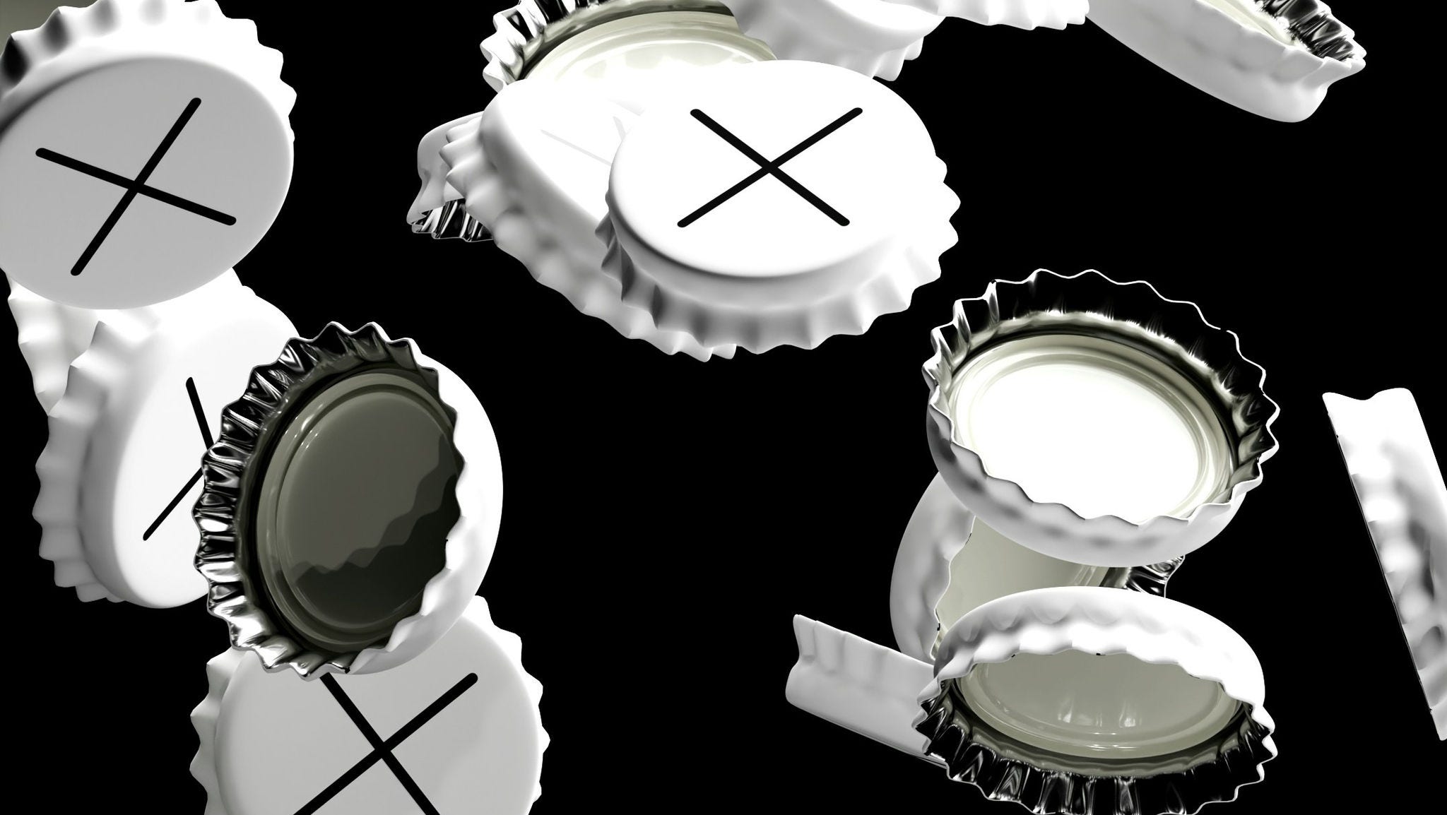 Falling white bottle caps with x on them
