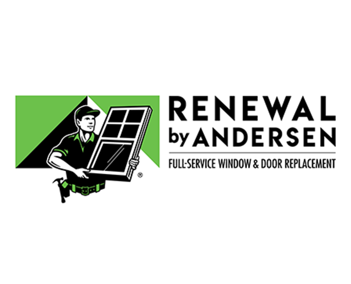 Renewal by Andersen logo with installer holding window and black text.