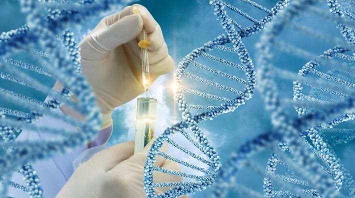 gloved hands dropping liquid into test tube with double helix animation in foreground and background