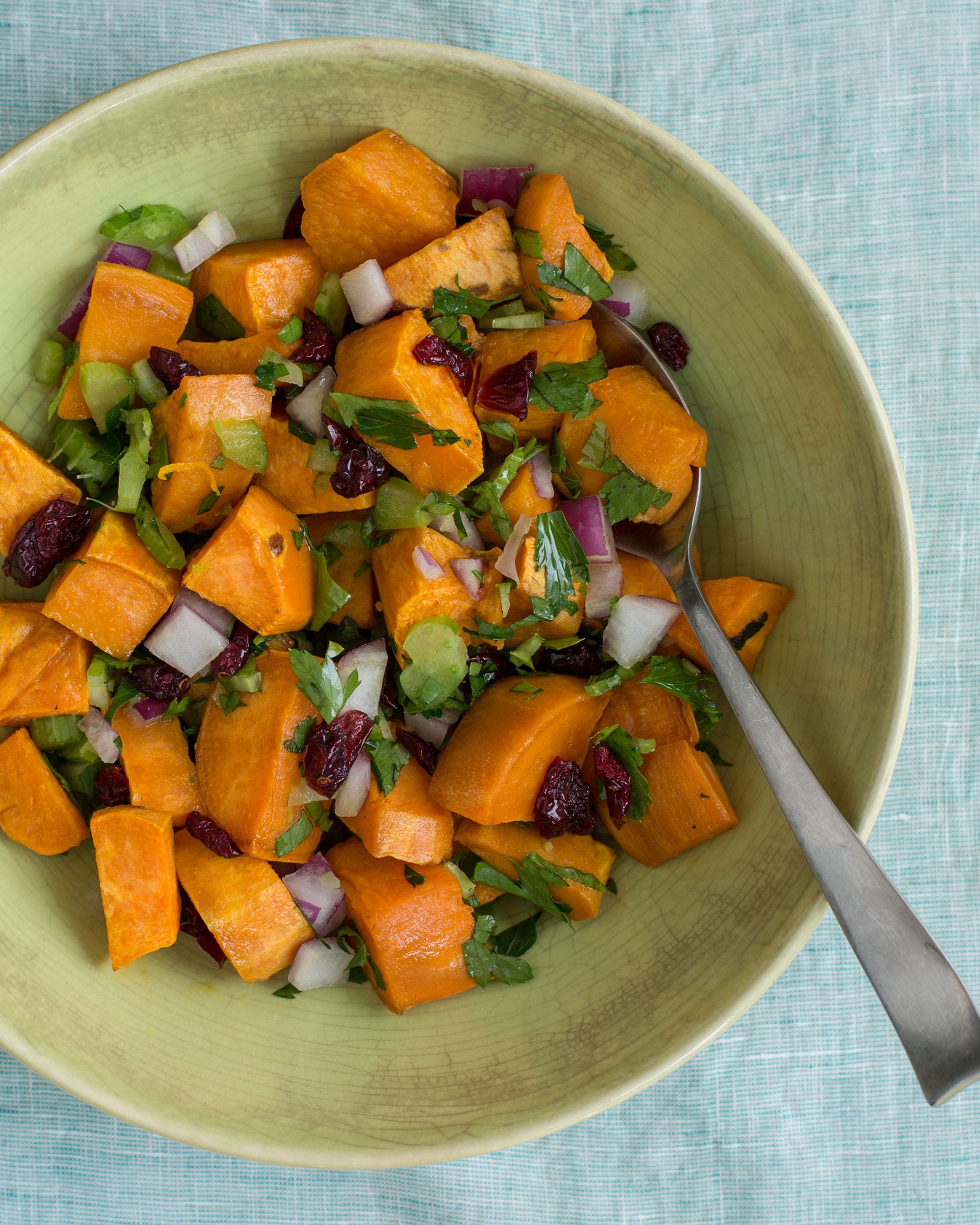 A spoon rests in a bowl of salad made with chunks of sweet potato mixed with red onion, celery, and dried cranberries. 