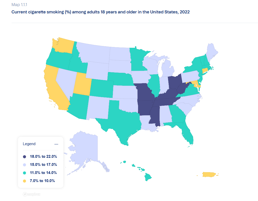 A map cigarette smoking percentages among adults aged 18 and older in the United States for 2022