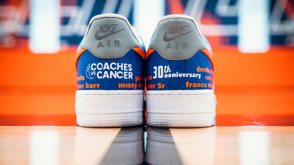 Back view of Nike shoes with Coaches vs. Cancer design.