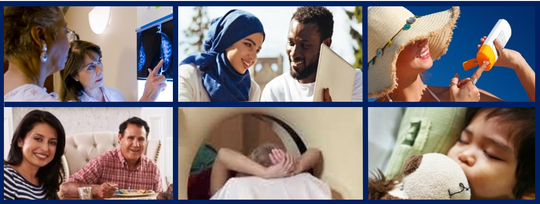 six images in a collage: doctor showing patient breast imaging, woman with head scarf with Black man with beard, woman in straw hat putting on sun screen, woman in blue and white striped shirt at table with man in red and white checkered shirt, person with hands folded over head going into medical machine, Asian child with stuffed animal