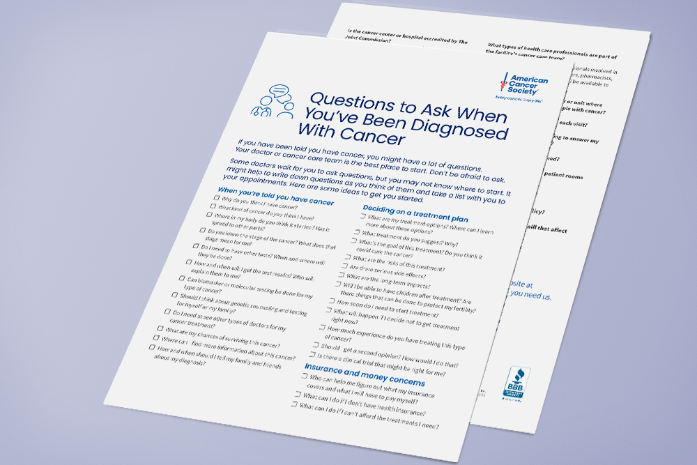 Checklist of questions to ask your doctor, organized by topic