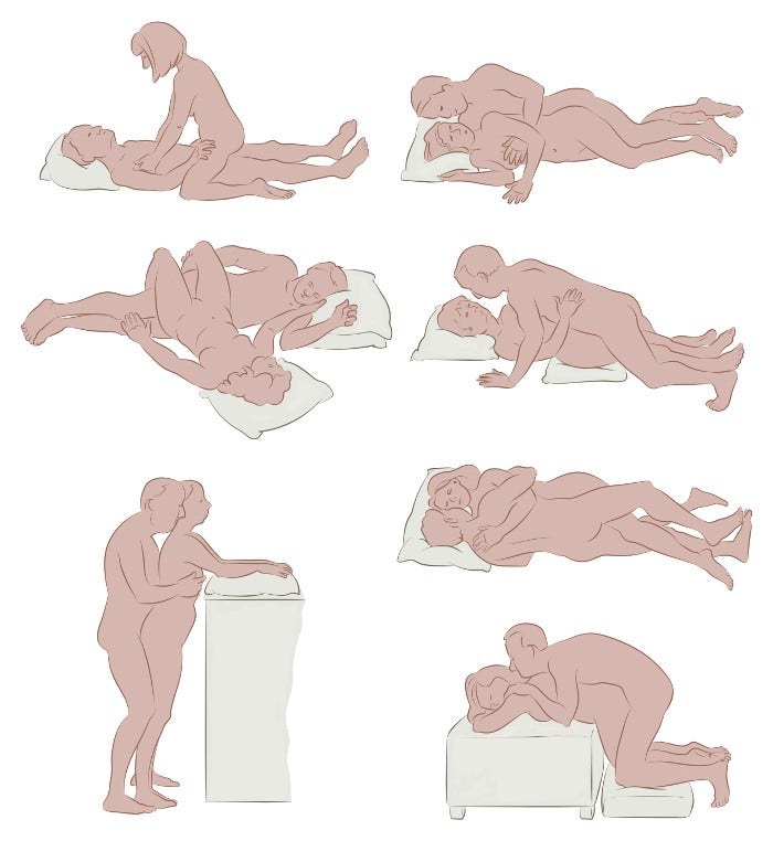 illustration showing seven sexual positions that may help in resuming sex after having cancer