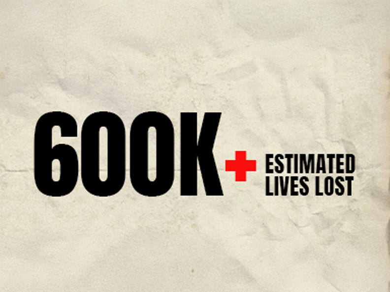 graphic that reads "600k estimated lives lost"