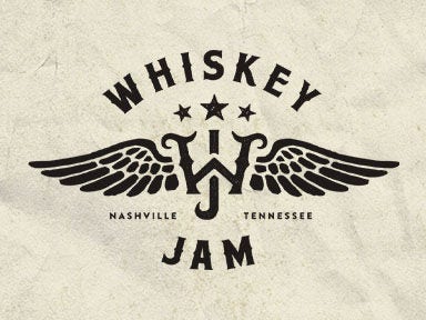 A graphic with a cream background with the whiskey jam logo
