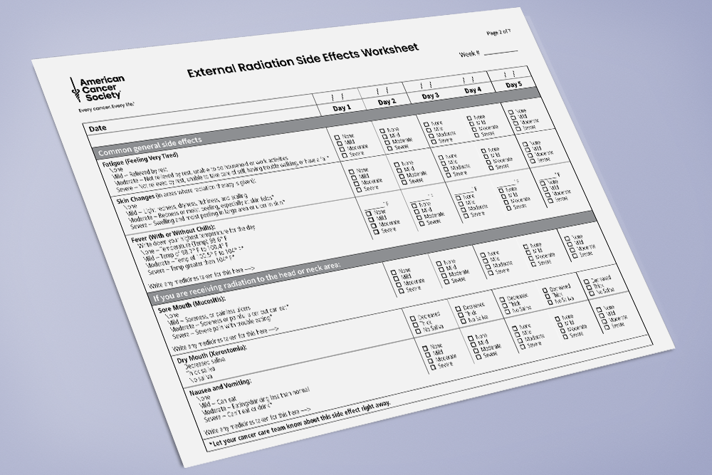 Worksheet listing side effects with checkboxes for level of severity each day.