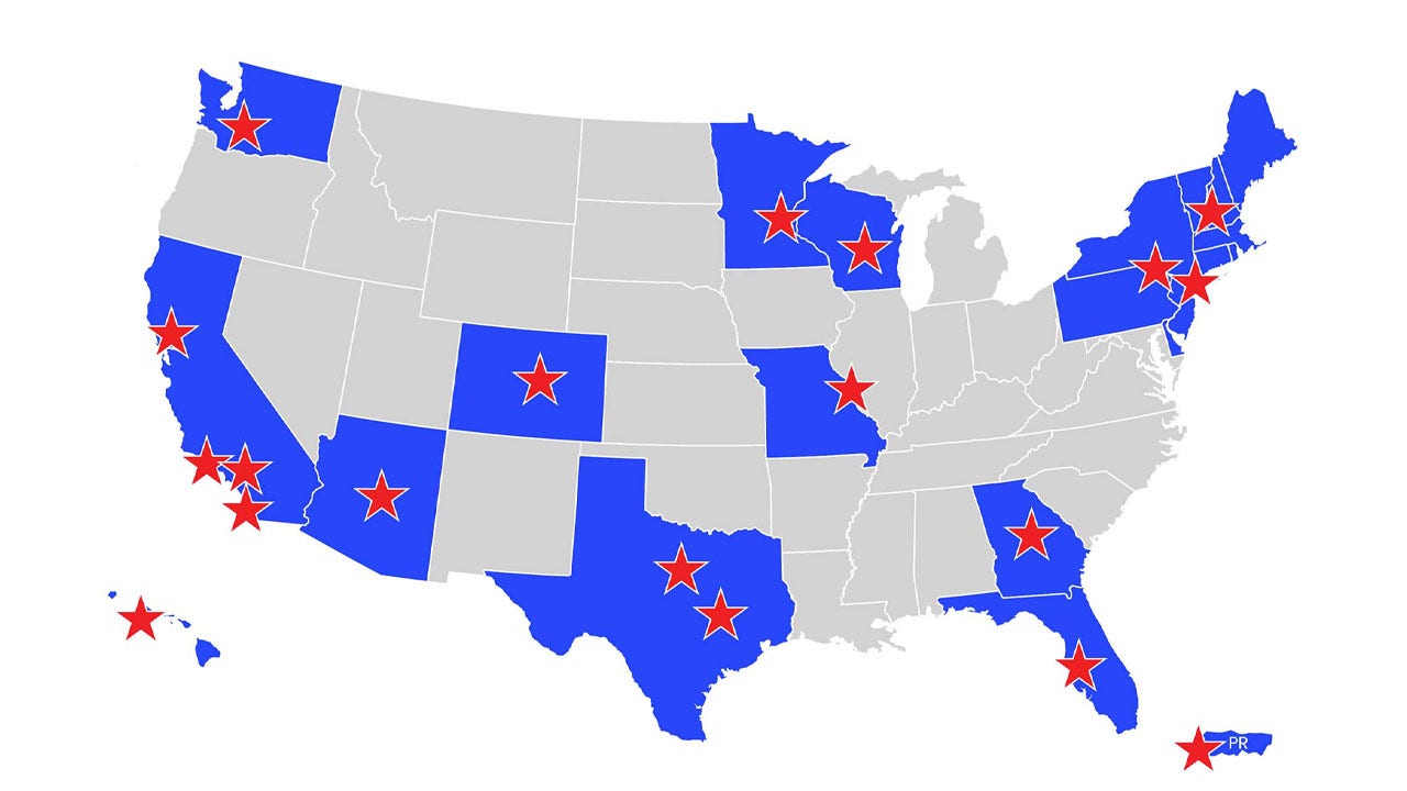 U.S. map with select states highlighted in blue and marked with red stars, indicating specific locations; other states are shown in gray.