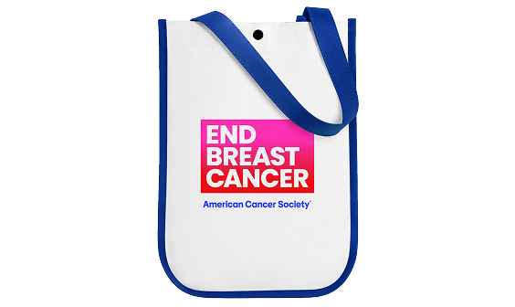 A cutout with transparent background of a tote carrying bag that says End Breast Cancer
