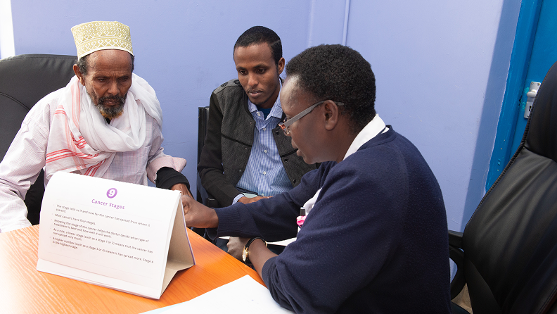 A health worker sits at a desk with two people, reviewing a tabletop chart about cancer stages