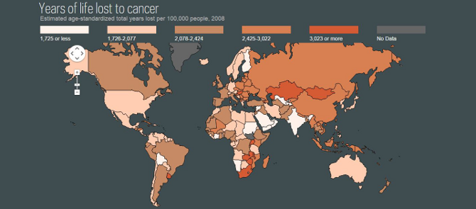 world map showing estimated age-standardized total years lost per 100,000 people, 2008
