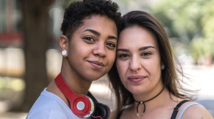 close up of happy lesbian couple outside