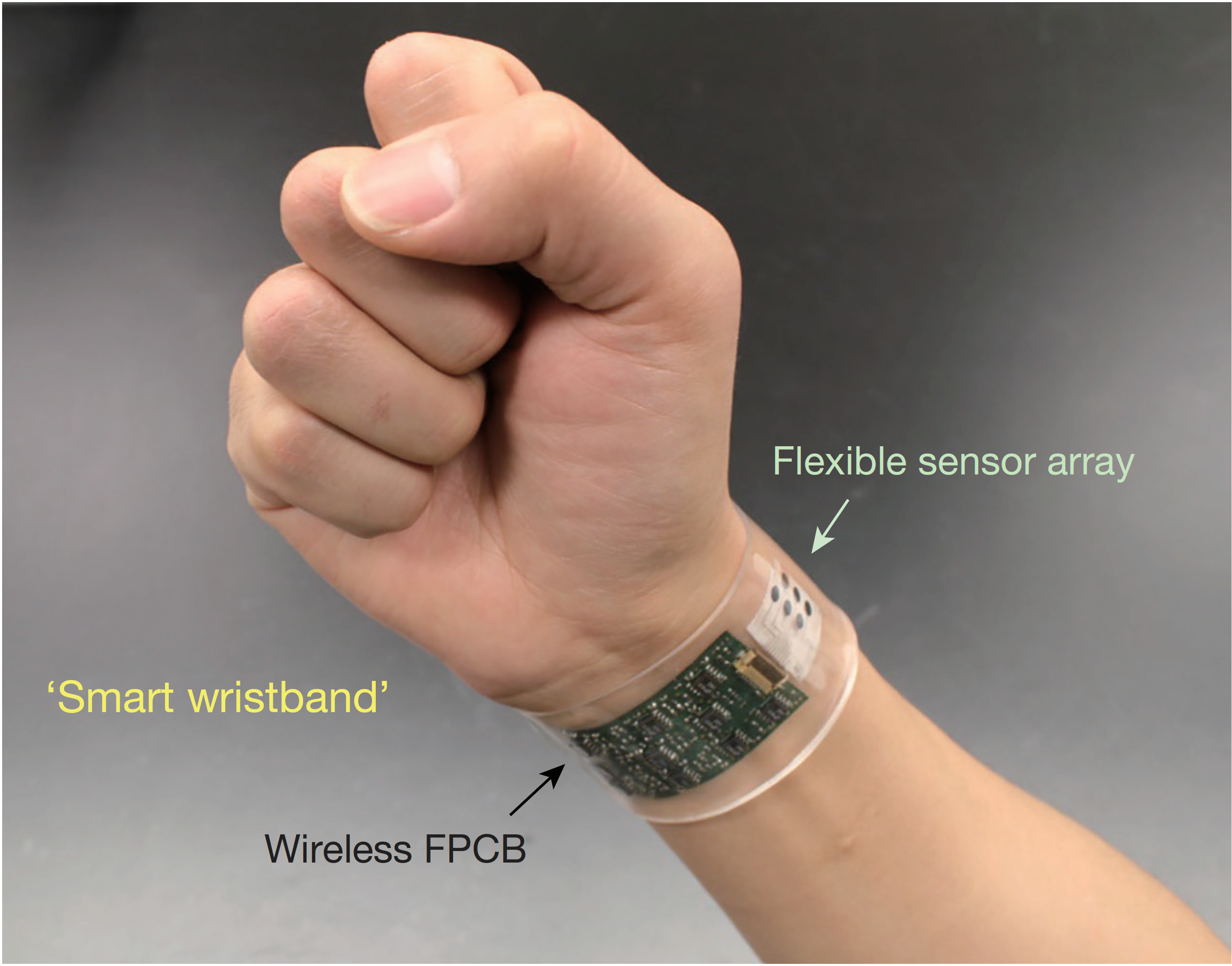 Device on wrist--labelled smart wristband. Clear plastic band covering a black rectangular with colored shapes in 3 columns, labelled wireless FPCB, and a white rectangle above it, labelled flexible sensor arrary