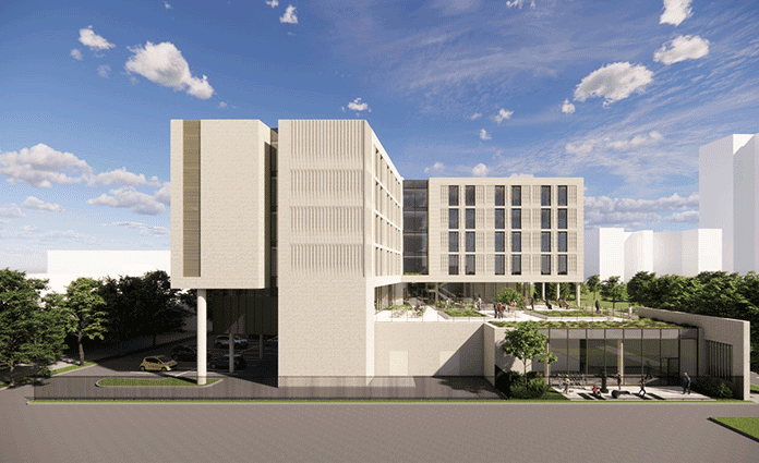 Modern multi-story building with terrace and landscaped courtyard.