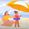 An illustration depicts a woman applying sunscreen to a child under a beach umbrella.