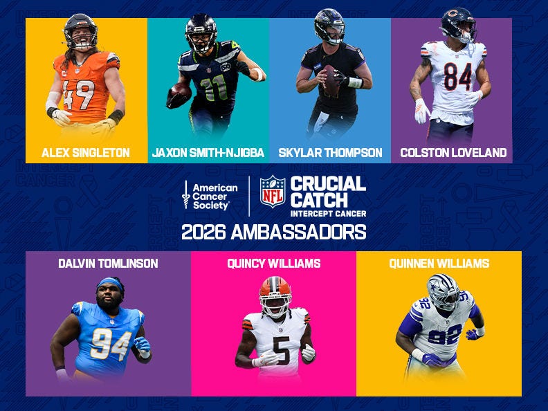 Collage image of six 2026 NFL Crucial Catch football ambassadors 