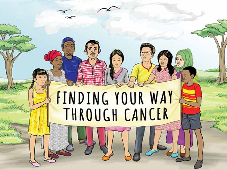 Illustration of a group of people holding a banner that says "Finding your way through cancer" 