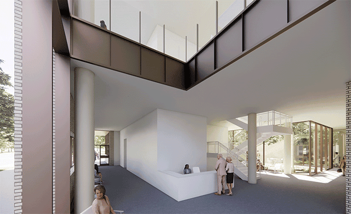 Open lobby with reception desk beneath elevated modern structure.
