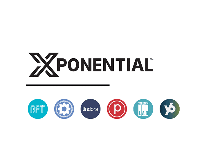 Xponential logo with six fitness brand icons.