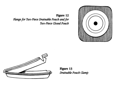 illustration showing a flange for two-piece drainable pouch and for two-piece closed pouch and a drainable pouch clamp
