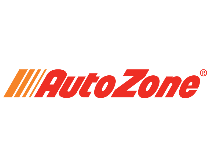 AutoZone logo with orange stripes and red italic text.