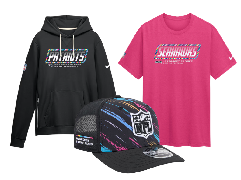 NFL Crucial Catch clothing gear including cap,  t-shirt, and hoodie