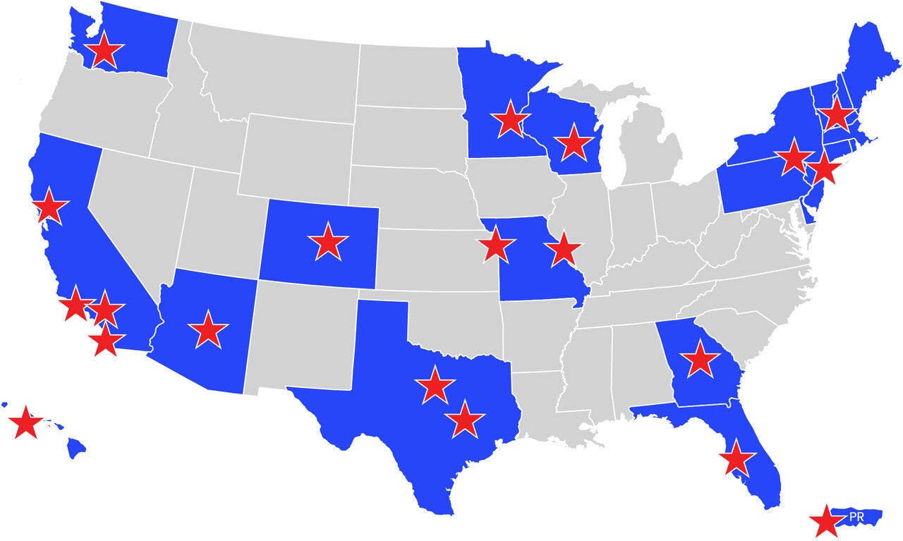U.S. map with select states highlighted in blue and marked with red stars, indicating specific locations; other states are shown in gray.