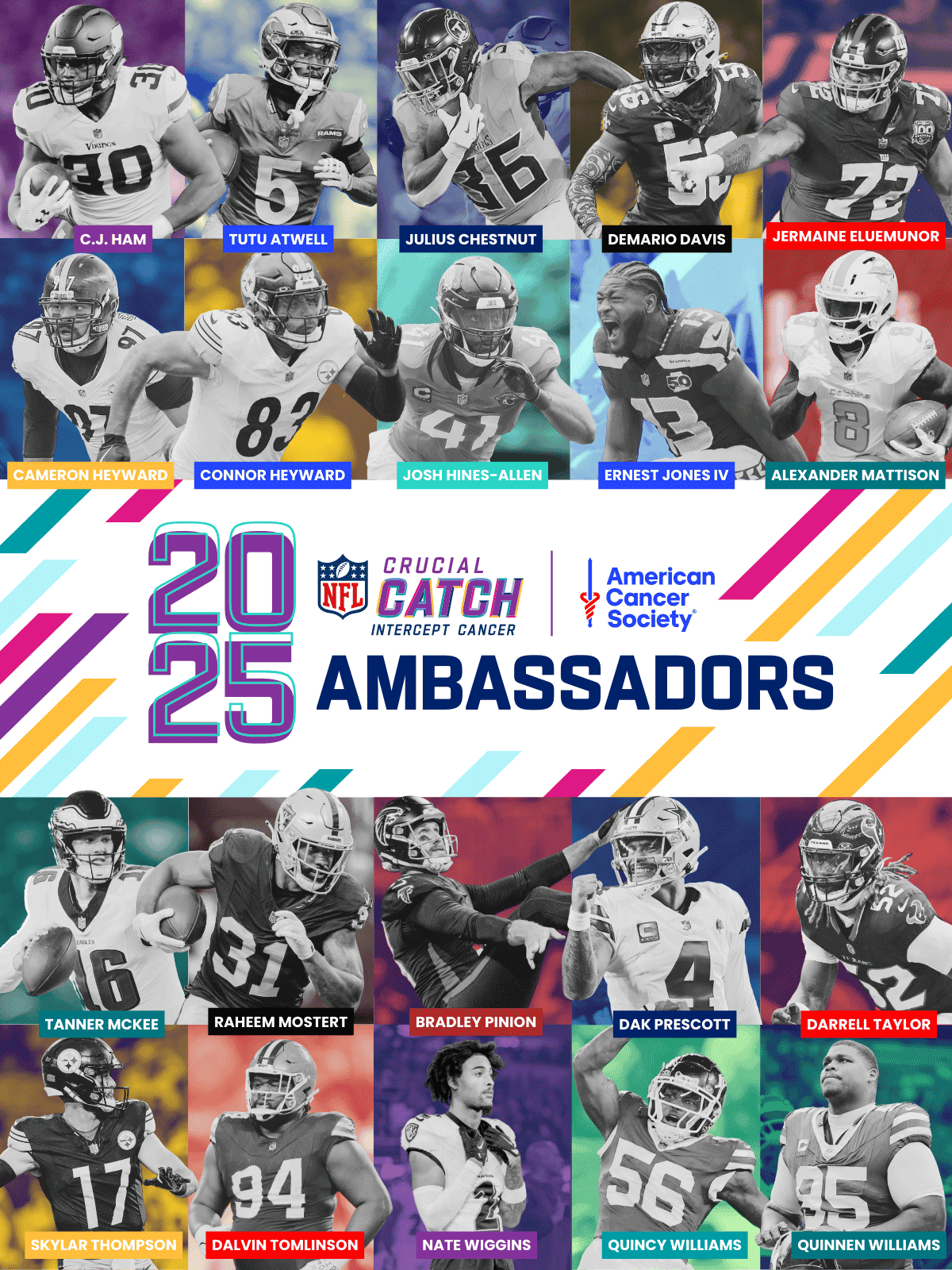 NFL Crucial Catch 2025 Ambassadors featuring professional football players.