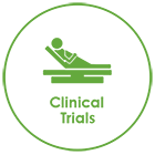 green circle with patient lying on exam table with words "Clinical Trials" under it