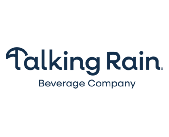 Talking Rain Beverage Company logo with umbrella icon and blue text.